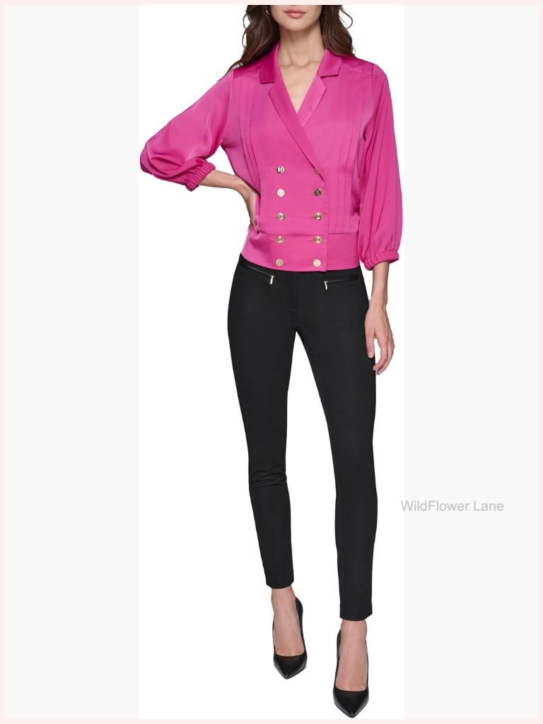 Women's Pleated Front Button Up Blouse Long Sleeve Collared Neck Pull On